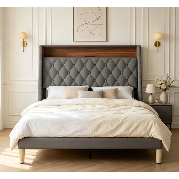 Queen Size Upholstered Bed Frame with 48'' Tall Wingback Headboard, Velvet Square Tufted Platform Beds with Charging Station, Sturdy Metal & Wooden Slats Support, Grey