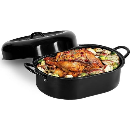 

Granite Stone Oval Roaster Pan Small 16 Ultra Nonstick Roasting Pan with Lid Grooved Bottom for Basting Broiler Pan for Oven Dishwasher Safe Up to 7lb Poultry / Roast Serves 1- 5 PFOA Free