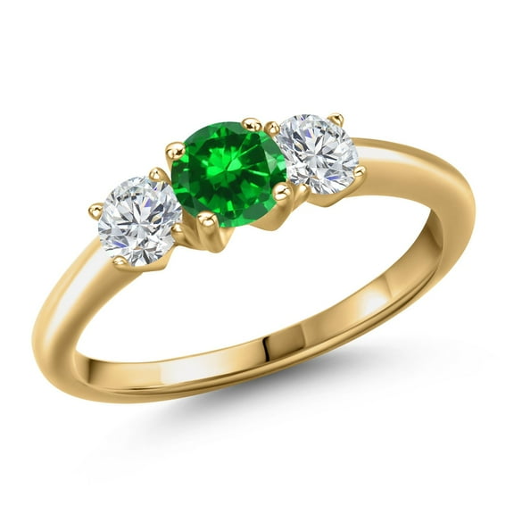 Gem Stone King 18K Yellow Gold Plated Silver Green Created Emerald and Lab Grown Diamond Engagement Ring for Women | 1.38 Cttw | Round 5MM | Gemstone May Birthstone | Size 8