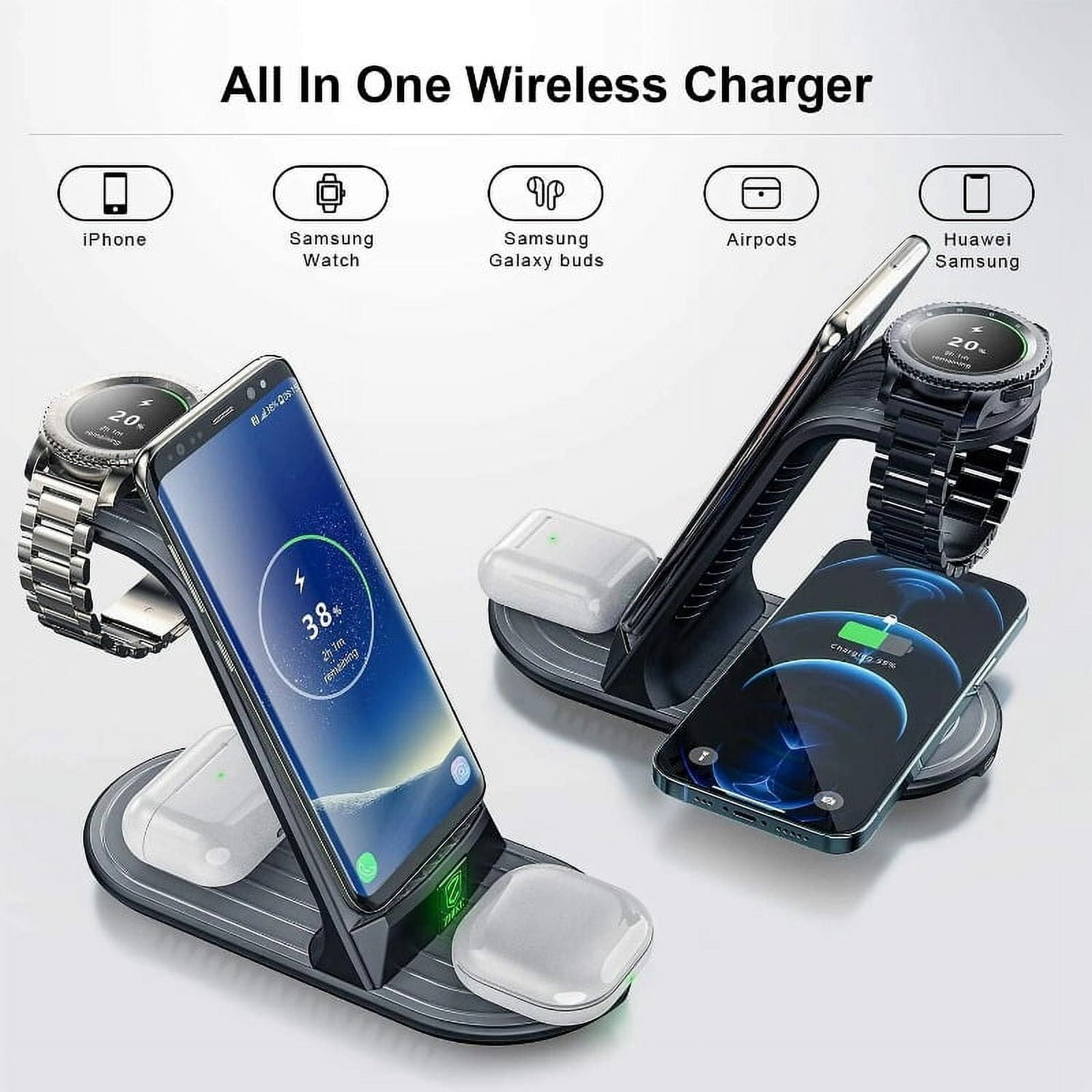 Kanstar 4 in 1 Qi-Certified Fast Wireless Charging Station, 20W Max Charging Stand for iPhone 15/14/13/12, Samsung Galaxy S24/S23, Galaxy Watch & AirPods/Buds, Black