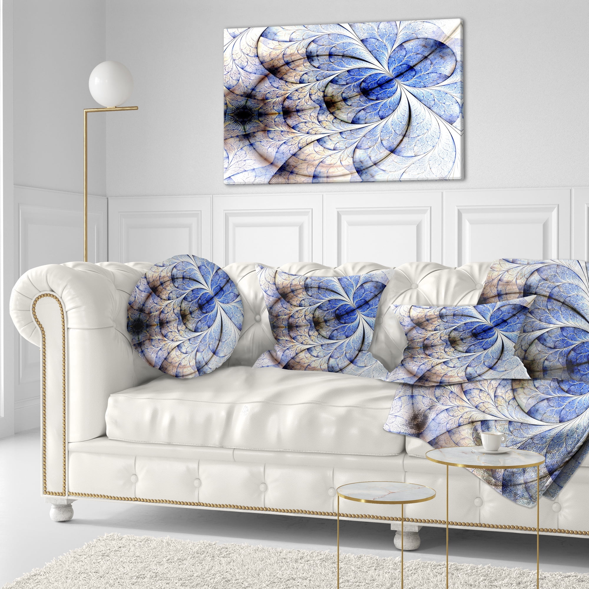 Designart Symmetrical Gold Blue Fractal Flower - Floral Throw Pillow - 12x20