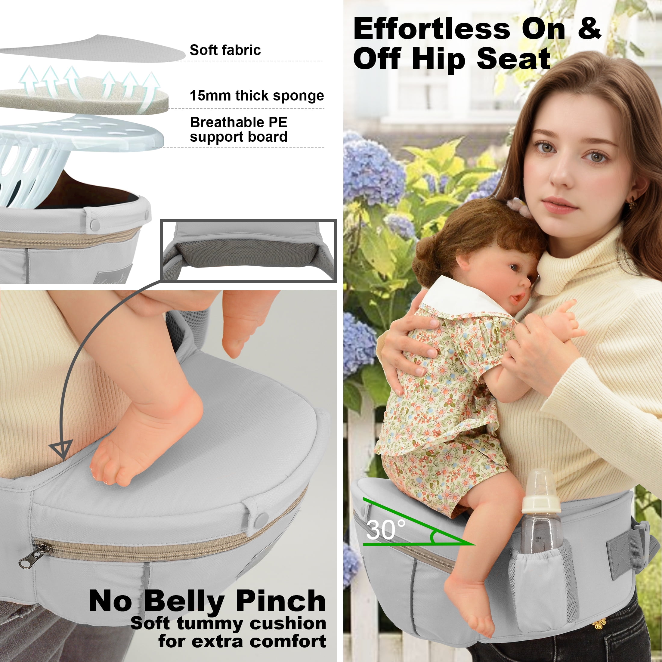 Derstuewe Baby Carrier, Baby Backpack Wrap for Infants Newborn with Hip Seat Lumbar Support , Soft Grey