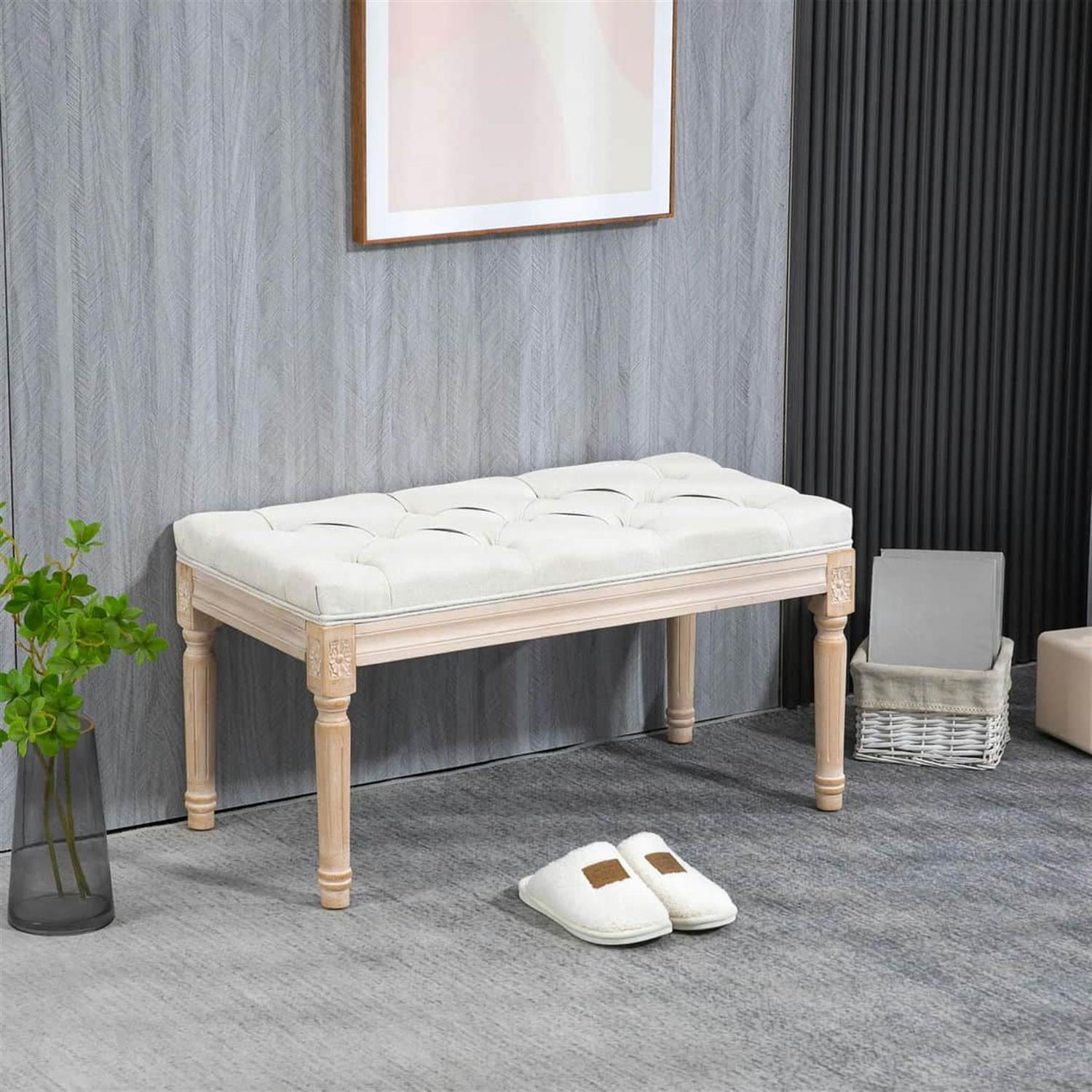 Demi Bonn 32" Luxe Linen Upholstered Bench, Thick Cushioned End of Bed Bench with Wooden Legs for Bedroom Seating, White