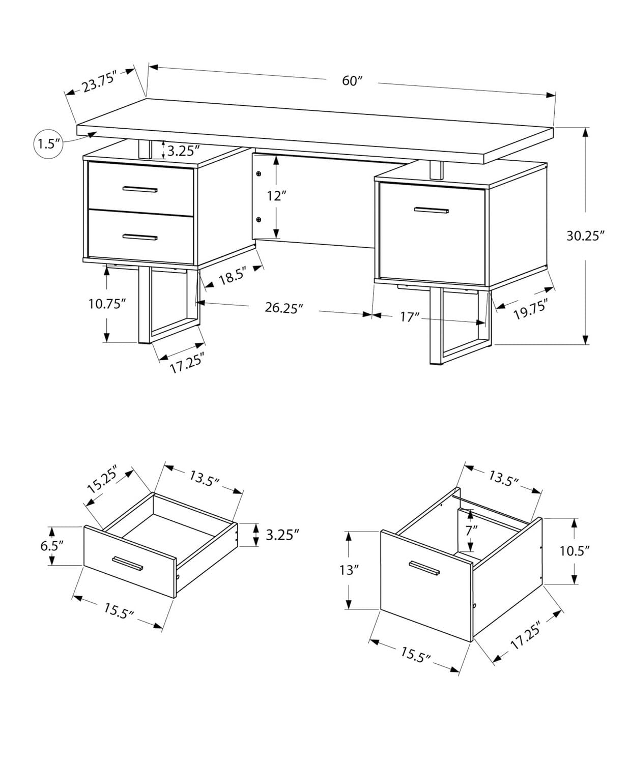 Monarch Specialties Computer Desk, Home Office, Laptop, Left, Right Set-up, Storage Drawers, 60"l, Work, Metal, Laminate, White, Black, Contemporary, Modern