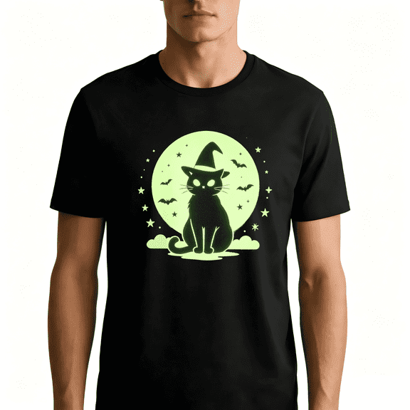 Green Glow‑in‑the‑Dark Tee Kitten and Moon Luminous Graphic T-Shirt Short Sleeve 100% Cotton Casual Tee Unisex T-Shirt