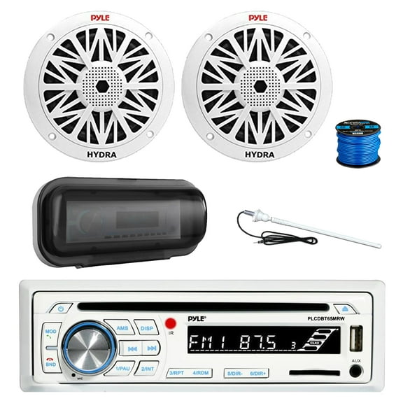 Pyle PLCDBT65 Bluetooth Marine Stereo AM/FM CD Stereo Receiver, Radio Cover, 2x 6.5" 200 Watt Peak Full Range 2-Way Waterproof Audio Speakers w/Wire, Long Range Antenna