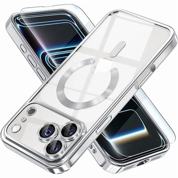 Eryueer Magnetic for iPhone 17 Pro Max Case Compatible with MagSafe [Never Yellowing] [Military Grade Drop Protection] Full Camera Lens Protector Plating Soft Clear Phone Case for Women Silver