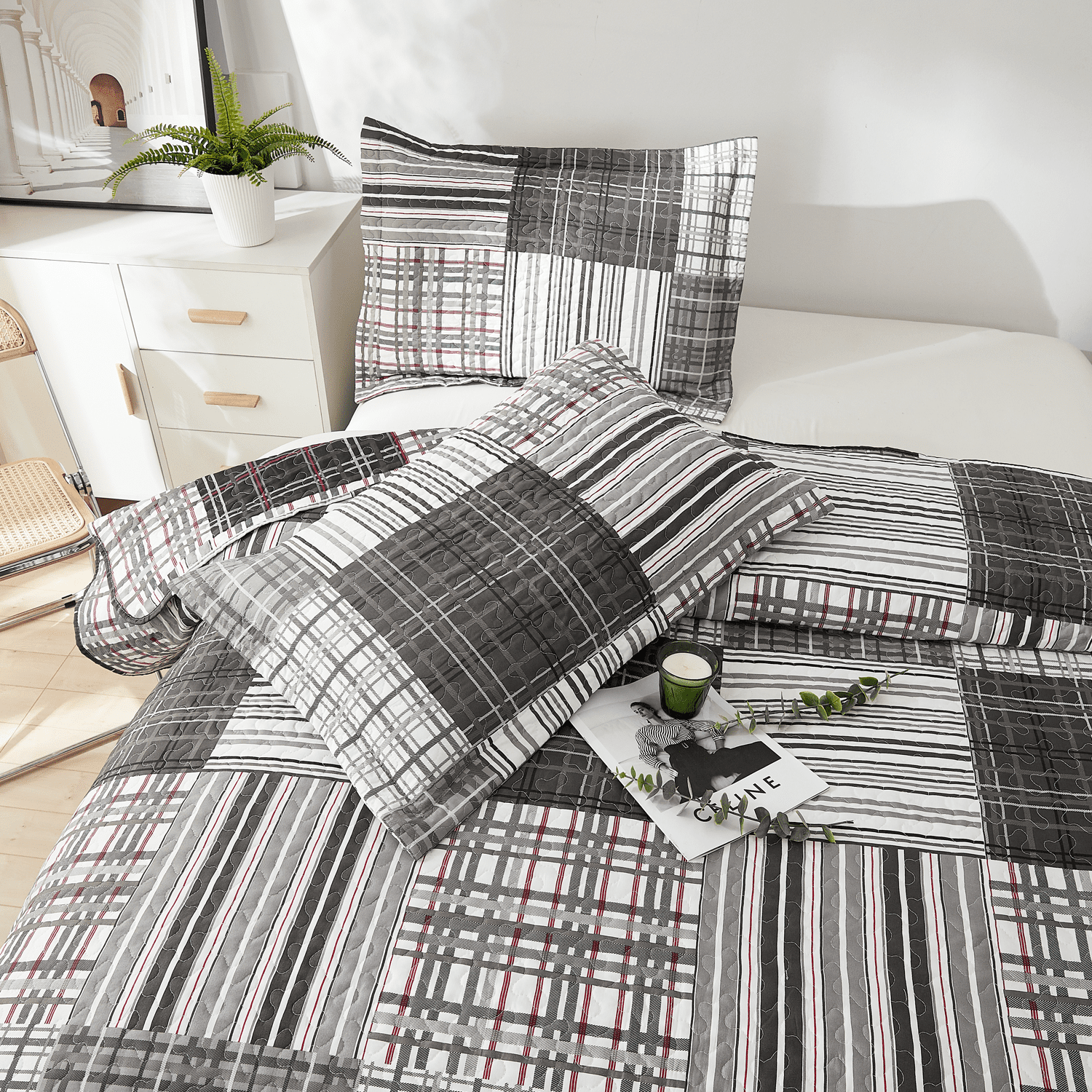 Green Essen 3 Pieces Solid Color Quilt Set Queen Size,Soft Microfiber Bedding Sets Lightweight Bedspread Reversible Coverlet Bed Cover(grid)