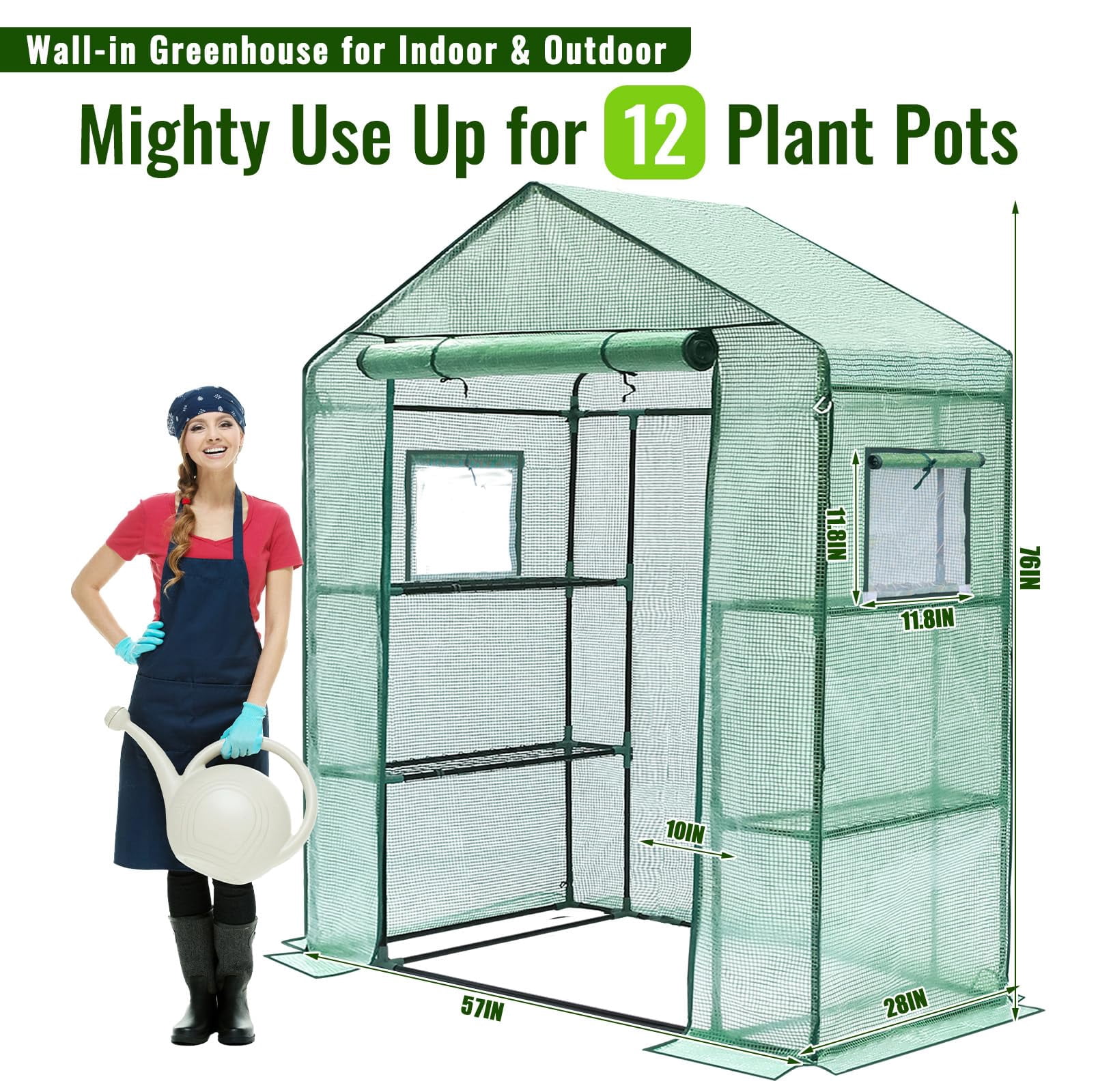 Greengro Greenhouse, 28 x 57 x 76'' Greenhouses for Outdoors, Small Plant Green House with Screen Windows, 3 Tiers 4 Shelves, Durable PE Cover, Plastic Portable Wall in Greenhouses for Outside Indoor
