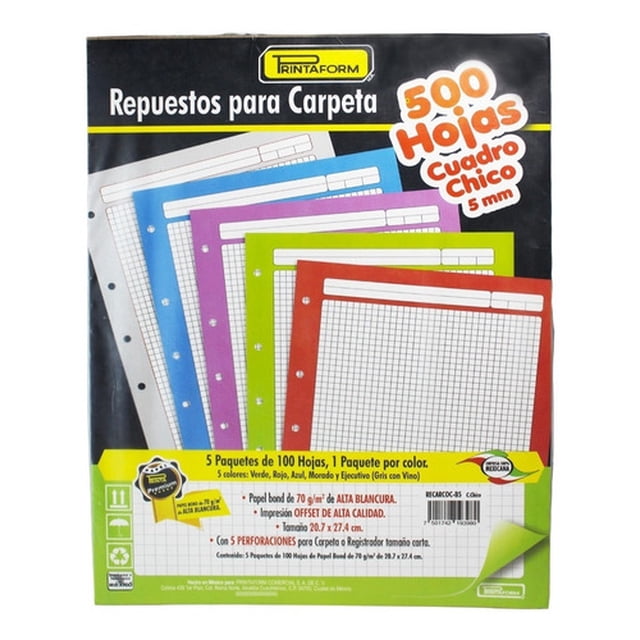 Repuesto De Hojas Para Carpeta Carta 500 H 5 Colores Printaform Repuesto de hoja para carpeta