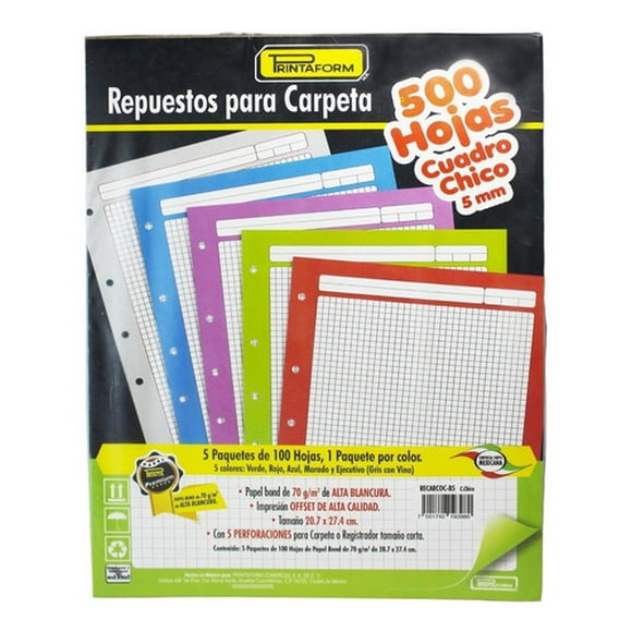 Repuesto De Hojas Para Carpeta Carta 500 H 5 Colores Printaform Repuesto de hoja para carpeta