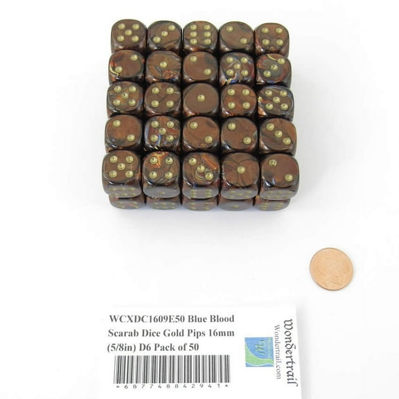 Blue Blood Scarab Dice with Gold Pips 16mm (5/8in) D6 Pack of 50 Wondertrail