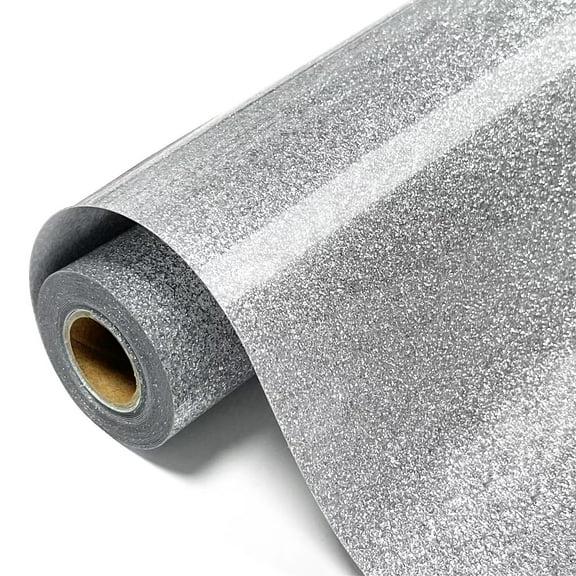 Glitter HTV Vinyl Roll 12x8ft, Silver Heat Transfer Vinyl for T-Shirts, DIY Crafts, Bags, Hats, Compatible with and All Cutting Machines, Easy to Cut Weed Apply, Silver