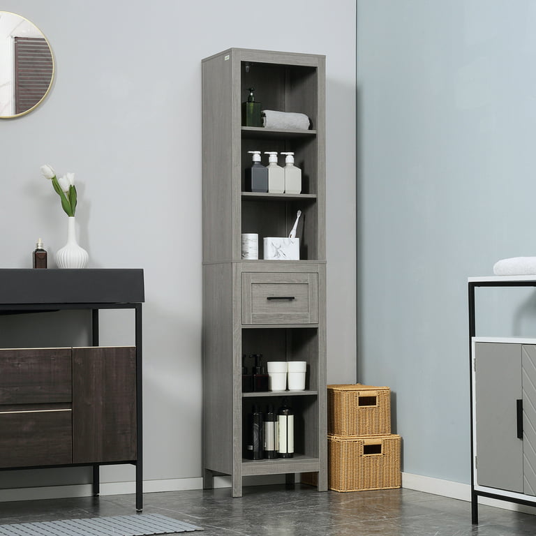 kleankin Narrow Bathroom Storage Cabinet with Drawer and 5 Tier Shelf, Tall  Cupboard Freestanding Linen Towel, Slim Corner Organizer, Gray