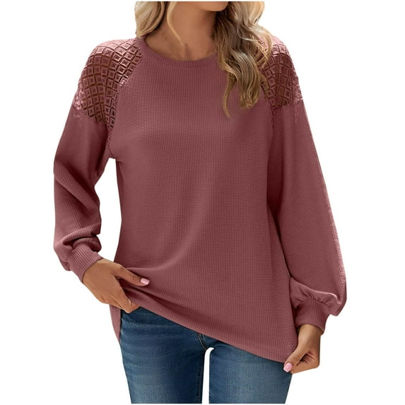 Womens Long Sleeve Tops Lace Hallowout Solid Blouses Casual Loose Fit Tunic Crewneck Waffle T Shirts Tops