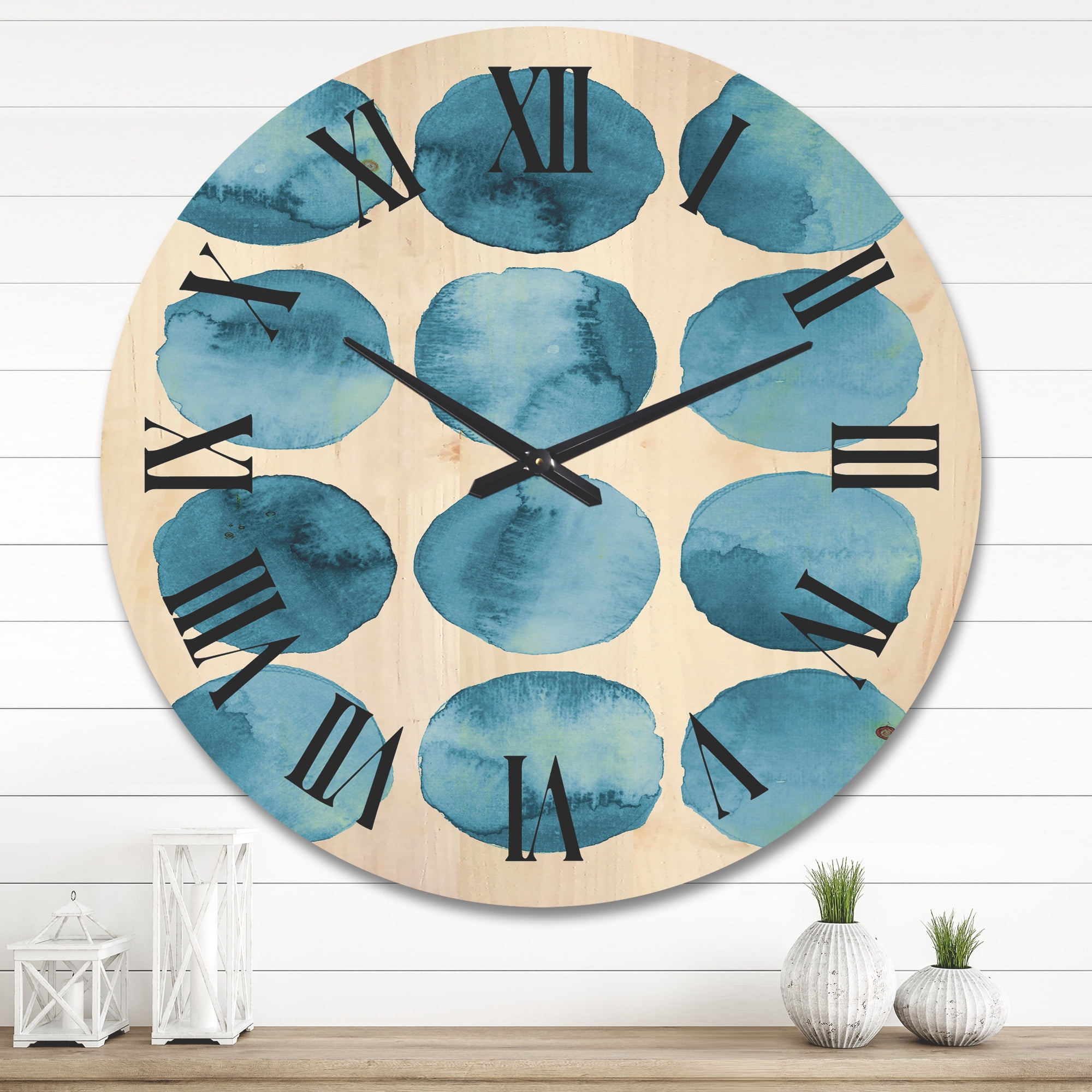 Designart 'Blue Aquamarine Circles Geometric Elements' Modern Wood Wall Clock