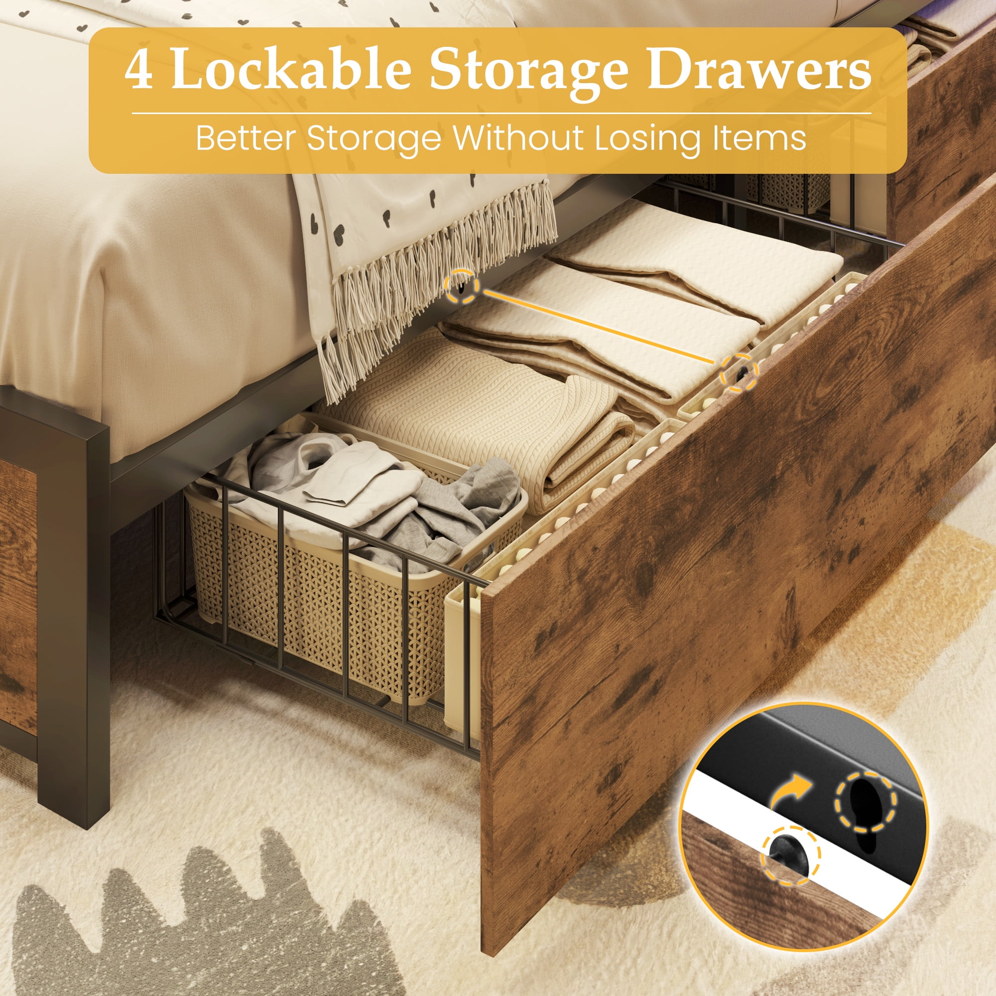 Fluest Twin Bed Frame with 2-Tier Storage Headboard, USB Port and LED Light, 4 Storage Drawers, Brown