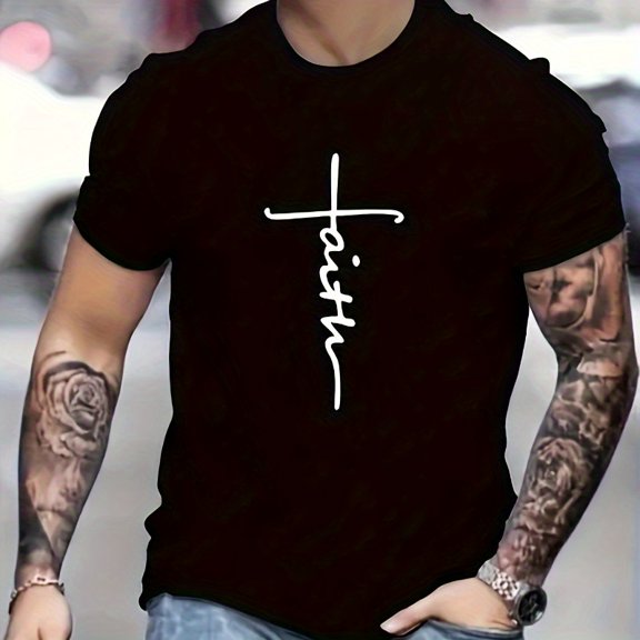 Faith Cross Graphic T‑Shirt, Unisex Crew Neck Short‑Sleeve, Cotton Christian Faith Inspirational Casual Tee Top for Men & Women