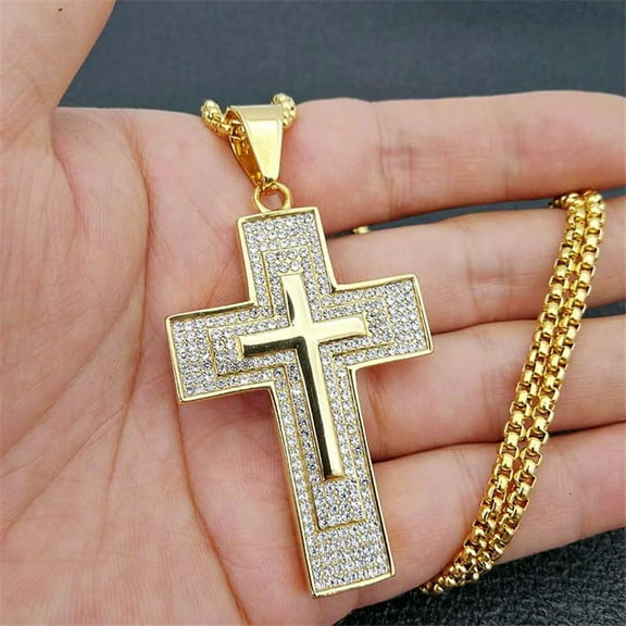 Religious Iced Out Bling Cross Pendants Necklaces For Women Men 14K Yellow Gold Christian Jewelry