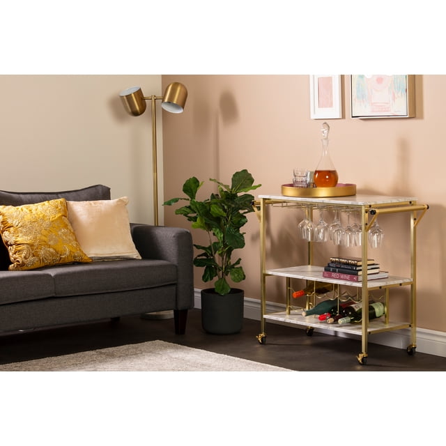 South Shore Maliza Bar Cart, in Faux Carrara Marble and Gold