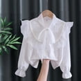 thumbnail image 4 of YunPes Girls Tulle Mock Neck Blouses Puff Sleeve Floral Ruffle Front Shirt with Bow Tie Kids Elegant Button Down Shirts Uniform Tops, 4 of 6