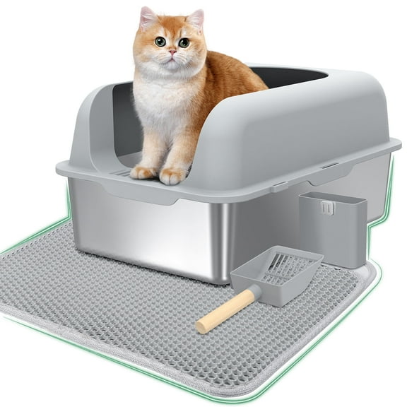 Anyask Stainless Steel Cat Litter Boxes with Lid High Wall Sides Enclosure for Small Mulit Big Cat