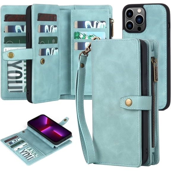 for iPhone 13 Pro Wallet Case with Card Holder & Detachable Magnetic Phone Case, PU Leather Shockproof Protective Case Wallet for Women/Men,Phone Case Wallet with Wrist Strap(Dream Blue)