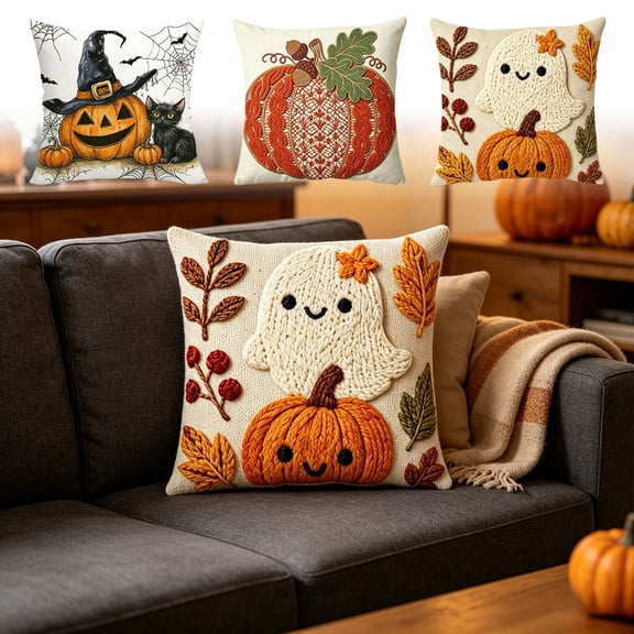 Halloween Ghost Pumpkin Pillow Cover, Black Cat Print, 18x18 Soft Cushion Case, Hidden Zipper, Fall Thanksgiving Decor for Sofa Home by MPOISVA