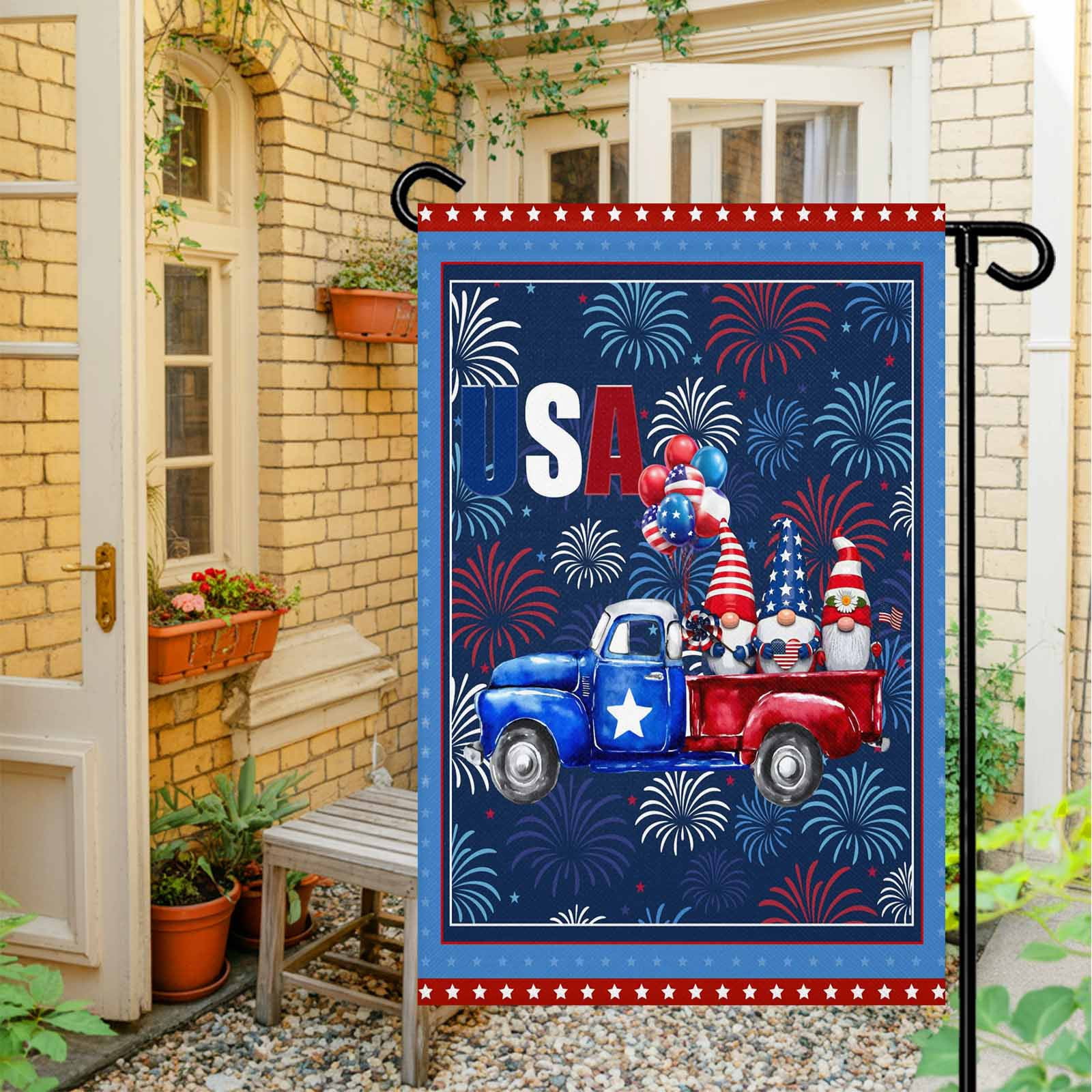 4th of July Garden Flags Patriotic Gnome Truck Garden Flag Double Sided Welcome Flag USA Flag Stars Balloon Independence Day Yard Flags for Outdoor Lawn Porch Memorial Day Holiday Decor 28x40 Inch