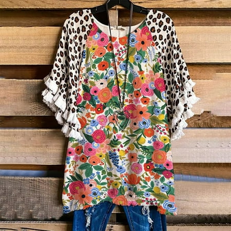 

Summer Womens Plus Size Tunic Blouses Floral Print Henley Cover Loose Tunic Shirt Tops Ruffle Flowy Short Sleeve T Shirts