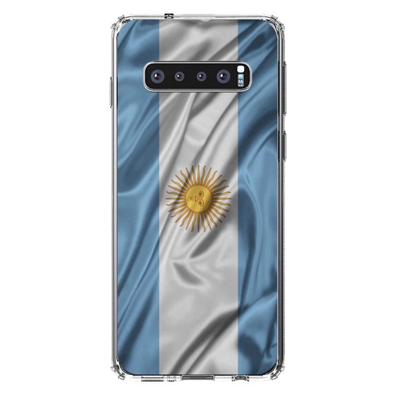 DistinctInk Clear Shockproof Hybrid Case for Samsung Galaxy S10 (6.1" Screen) - TPU Bumper, Acrylic Back, Tempered Glass Screen Protector - Argentina Waving Flag