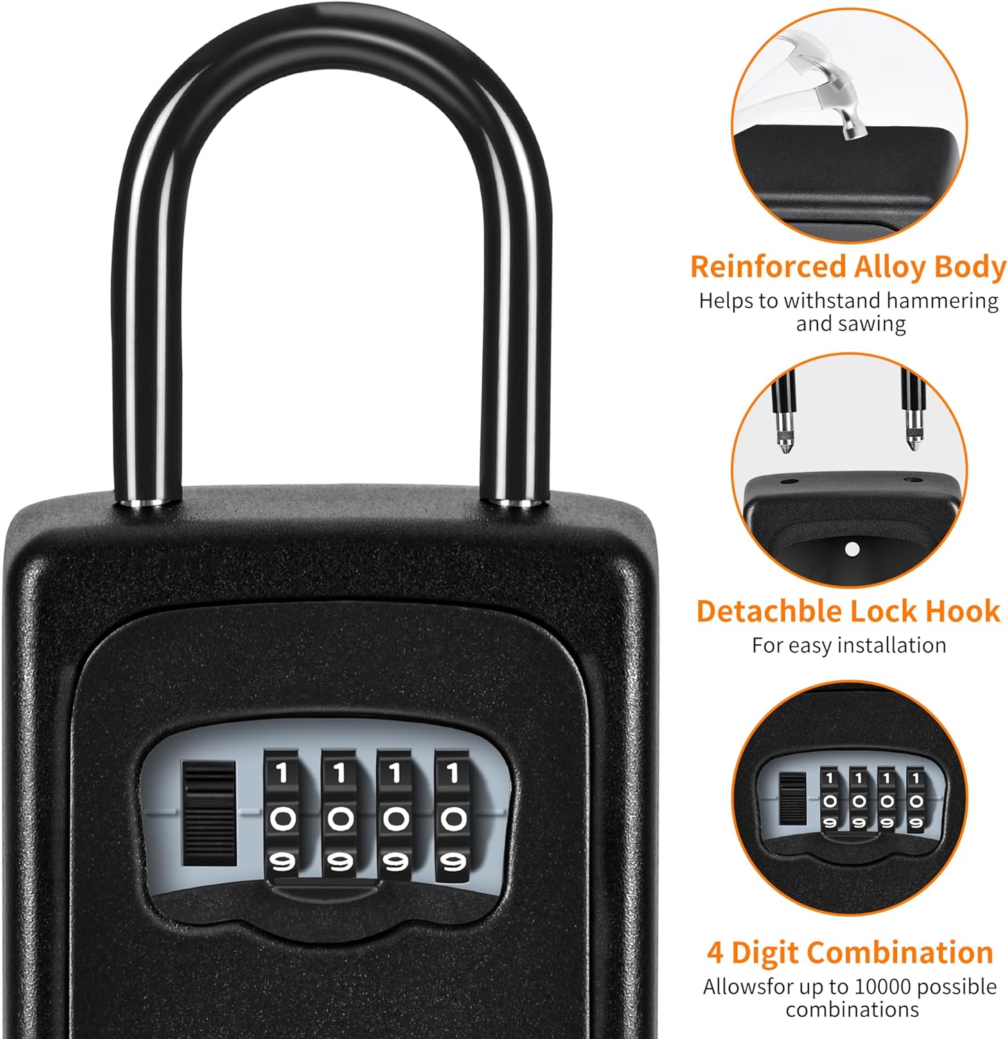 Portable Key Lock Box, Upgrade Clearly Visible Numbers, Lock Box Wall Mounted for House Key, 5 Key Capacity, Weatherproof Resettable Code (1 Pack, Black)