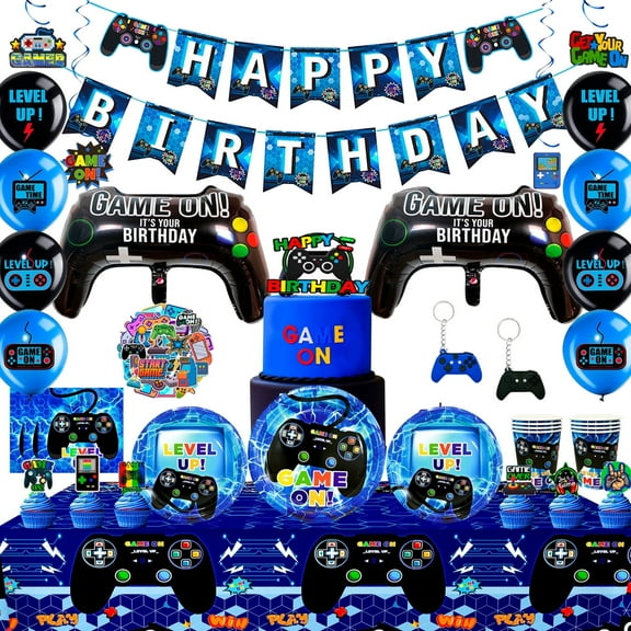 Video Game Birthday Decorations for Boys,Video Game Party Decorations&Tableware Set-Video Game Party Plates Cups Napkins Tablecloth Balloons Banner Hanging Swirls