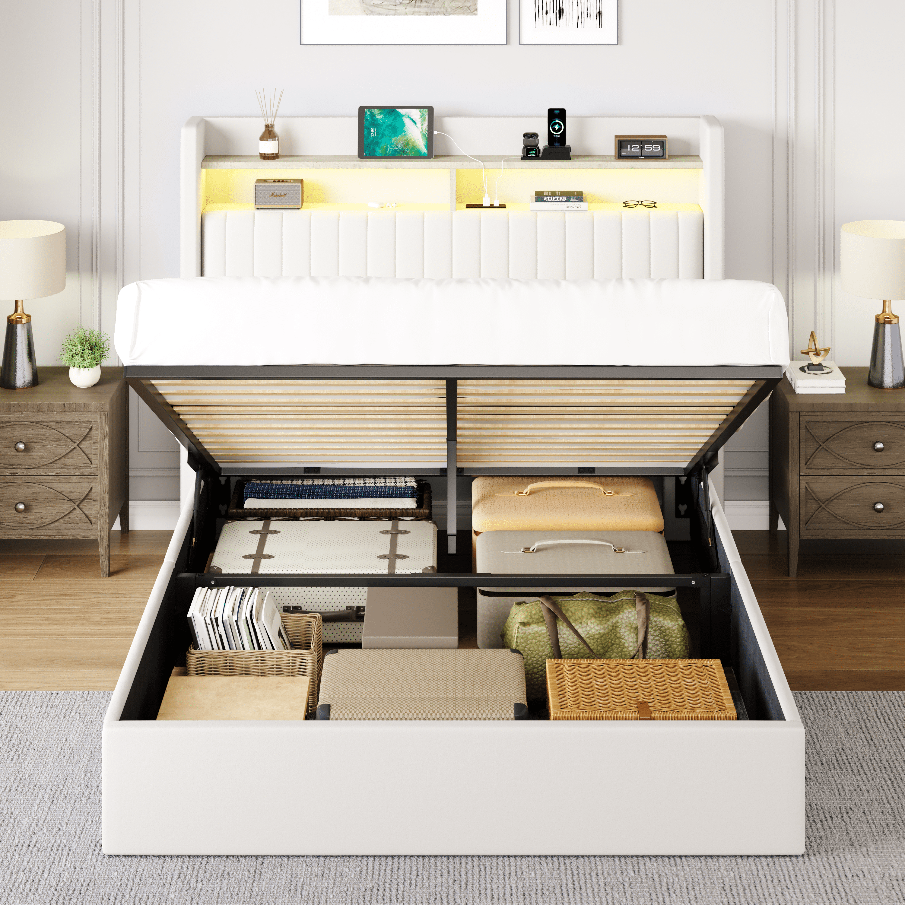 Amolife Full Hydraulic Lift-Up Storage Bed Frame, LED Headboard with Fast Charging (USB/Type-C), 2-Tier Shelves & Velvet Upholstered, White