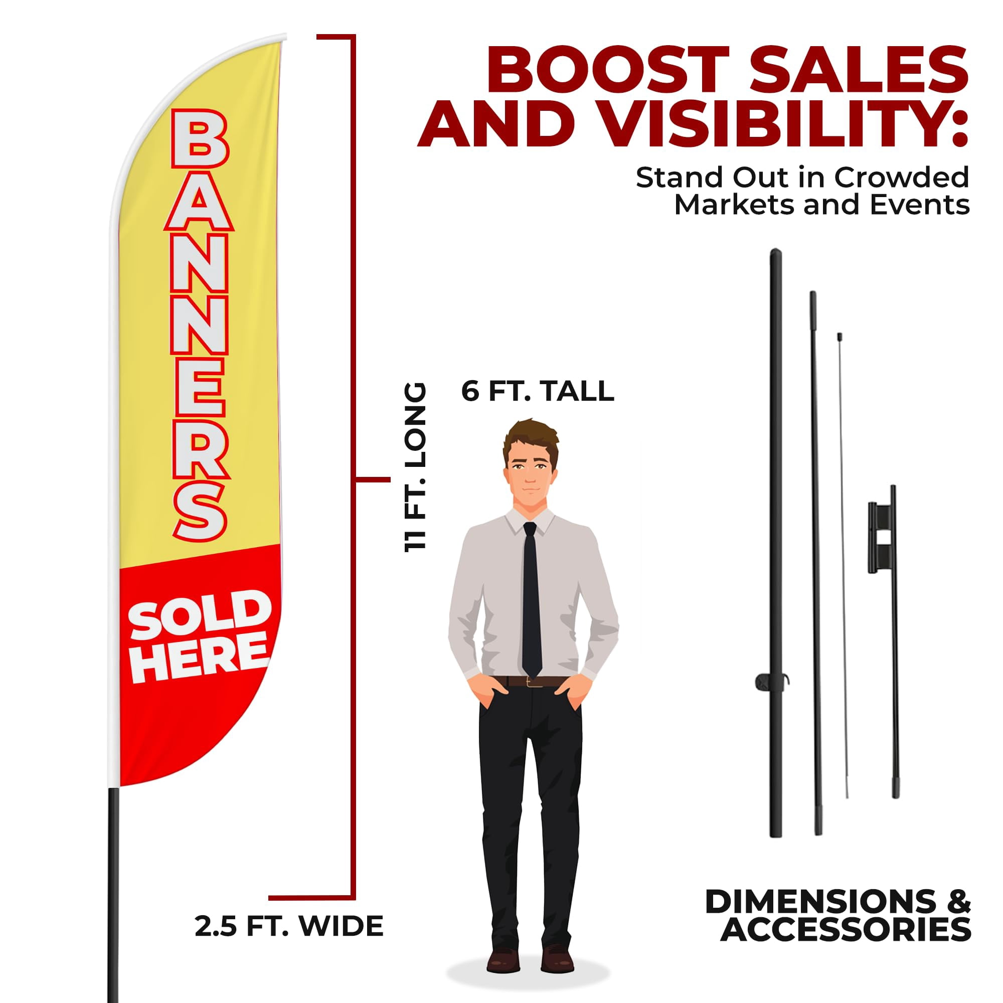 Banners Sold Here Sign feather flag Pole Mount for Outdoor by Mavis Print | 15 FEET Long Polyester Outdoor Banner Flag Pole Kit for Easy Hang | HD Print Swooper Flag Pole Stand for Business Advert