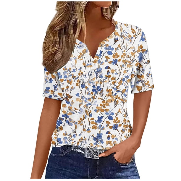 Tops Cortos para las Mujeres, Impreso Manga Corta V-Cuello Botón Arriba Blusa de Moda para el Hogar Y el Uso Diario