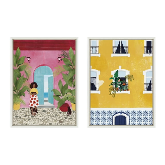 Kate and Laurel Sylvie Opportunities and Lisbon Framed Canvas Wall Art Set by Maja Tomljanovic, 2 Piece 18x24 White, Modern Colorful Feminine Art for Wall