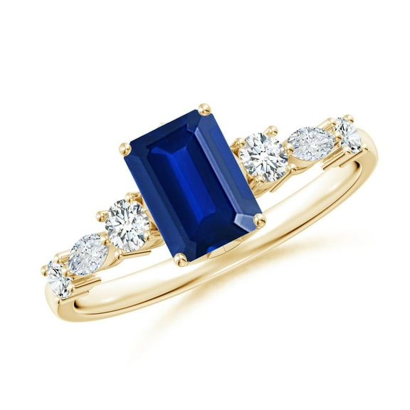 ANGARA Lab Grown 1.05 Ct Blue Sapphire Side Stone Engagement Ring for Women in 14K Yellow Gold (Size-7x5mm) | September Birthstone, Anniversary, Jewelry Gift for Women | Lab-Grown Blue Sapphire Ring