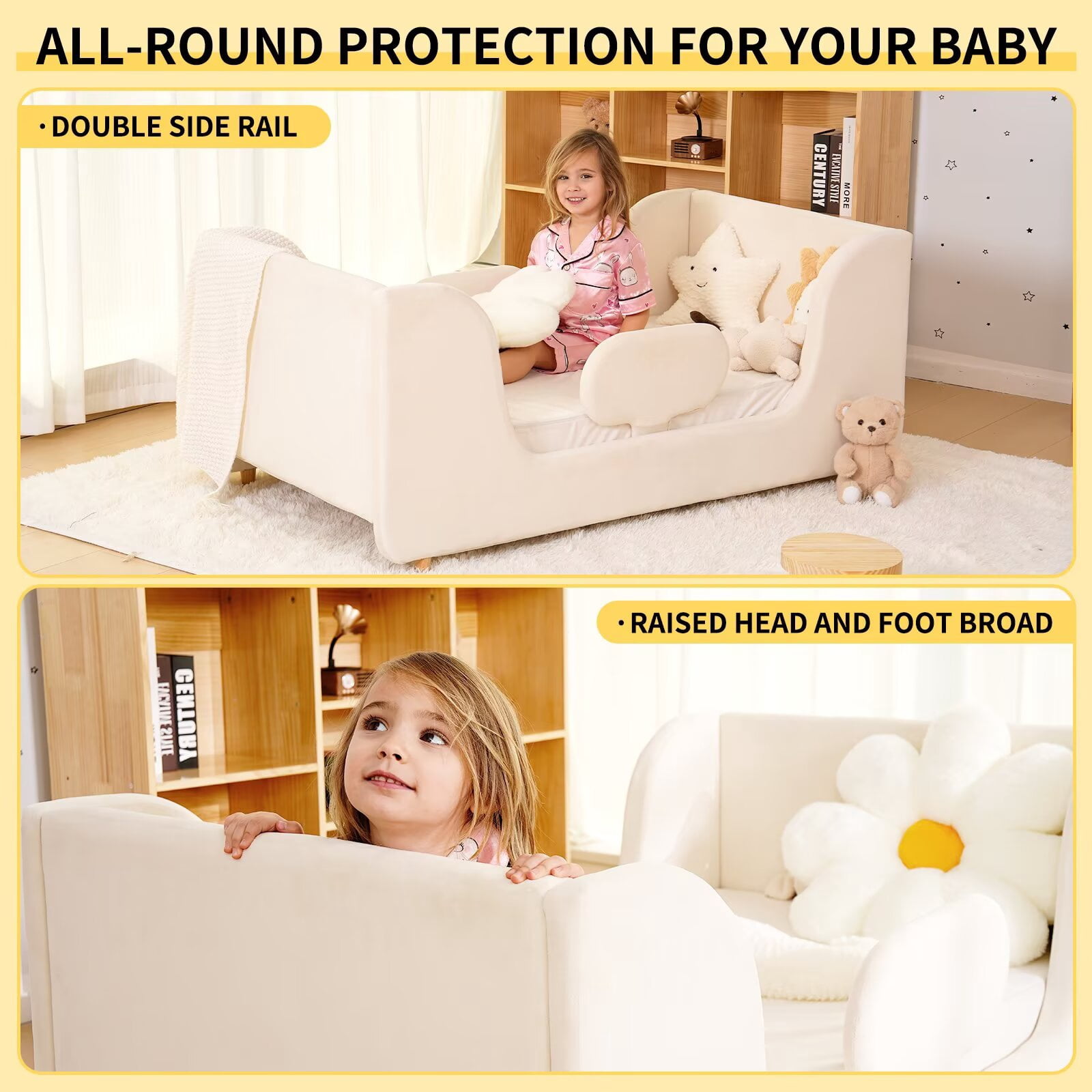 Lilypelle Toddler Bed Frame, Toddler Floor Bed with Removable Guard Rails, Small Bed for Boys and Girls, Standard Crib Size Toddler Bed，55.9 x 31.5 x 23.2 in，Beige