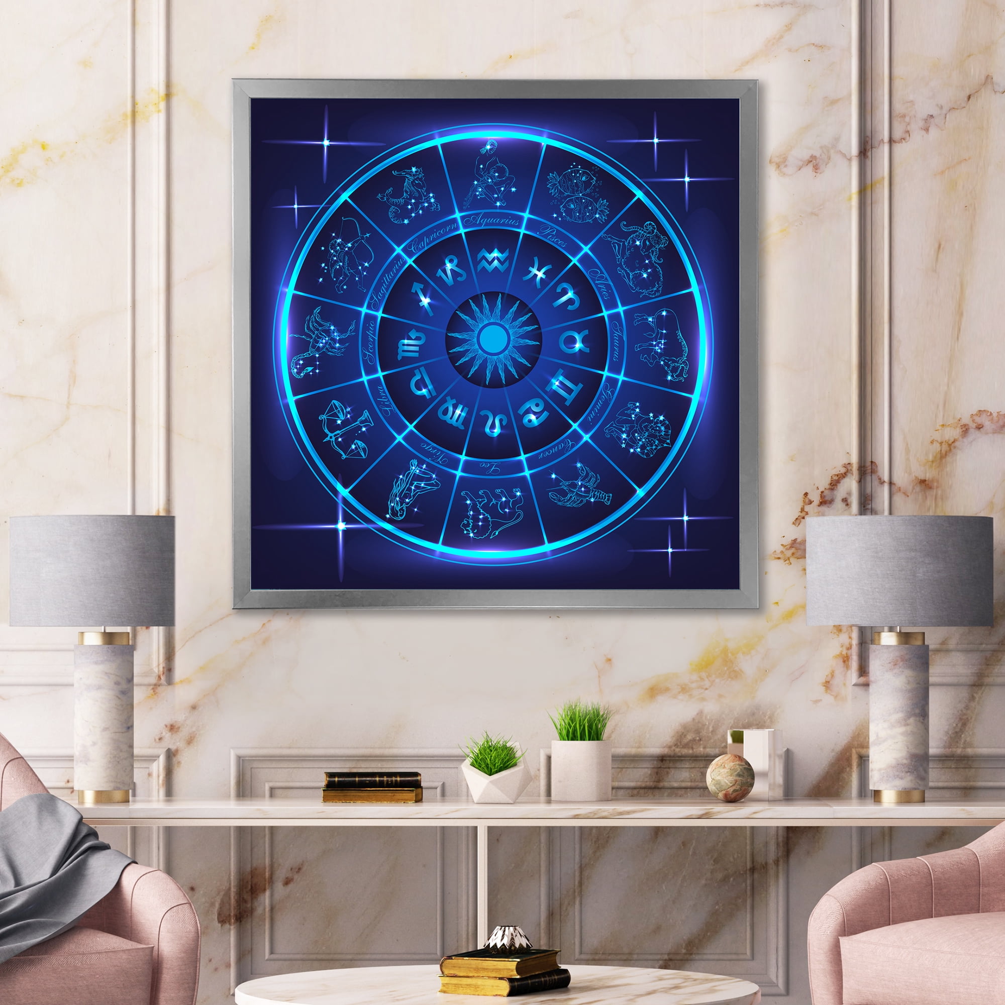 Designart 'Zodiac Signs With Neon Deep Blue Horoscope Circle' Modern Framed Art Print