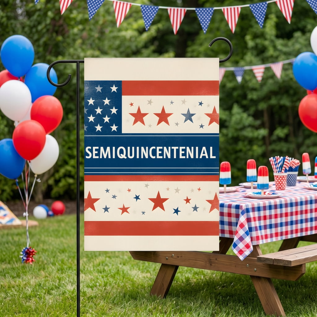 4th of july garden flag A red white and blue banner with stars on it. SEMIQUINCENTENIAL usa 250th anniversary flag Standard 28x40 Inch Format 4th of july decorations for home