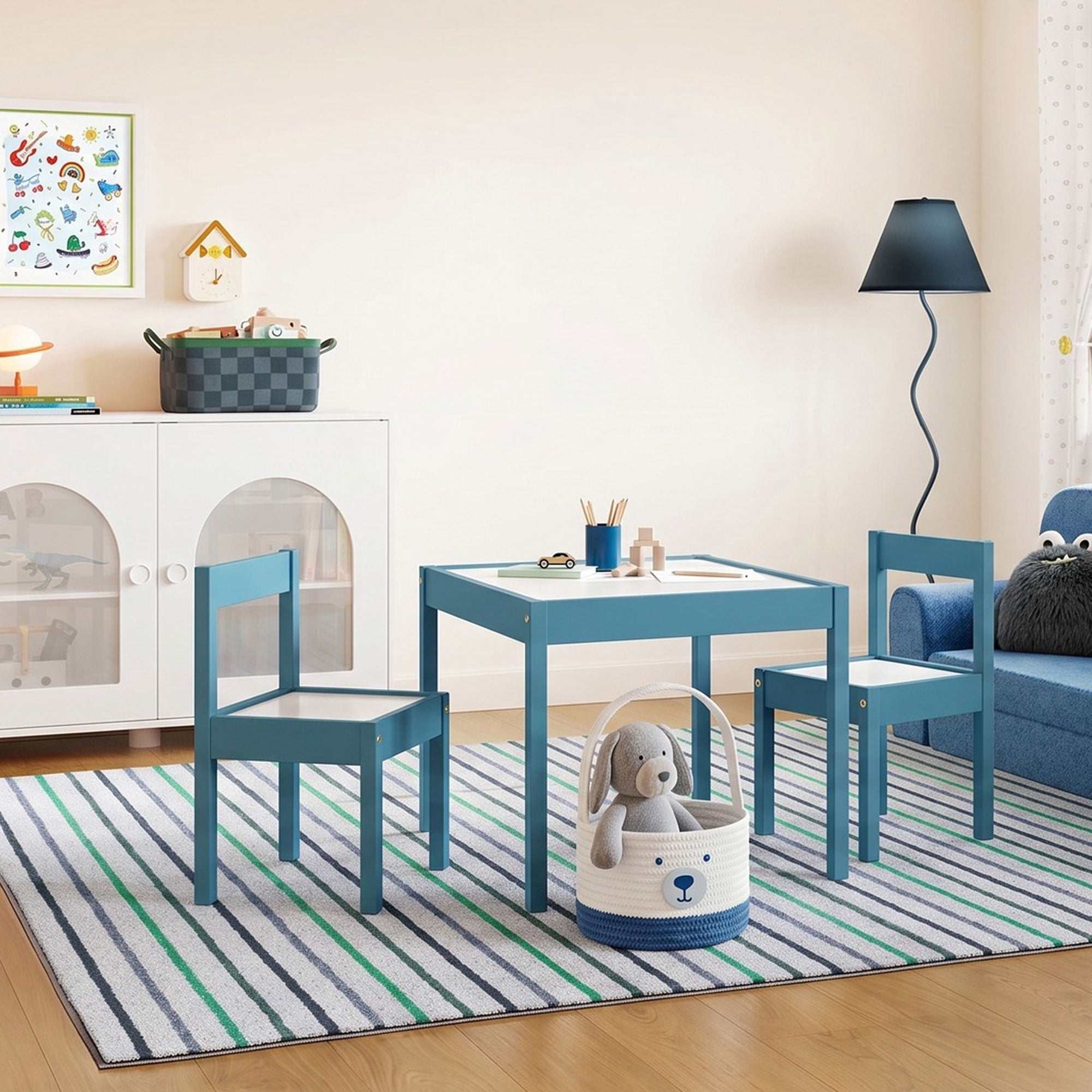 Mainstays Kids 3-Piece Dry Erase Activity Table and Chair Set for Learning, Drawing & Creative Play, Blue