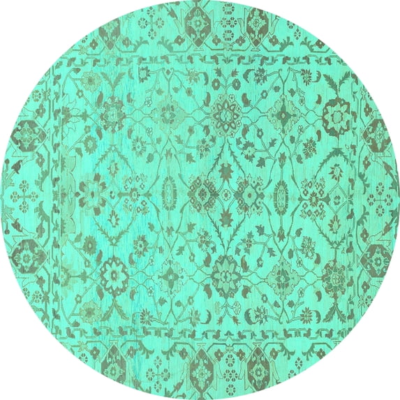 Ahgly Company Machine Washable Indoor Round Oriental Turquoise Blue Traditional Area Rugs, 8' Round