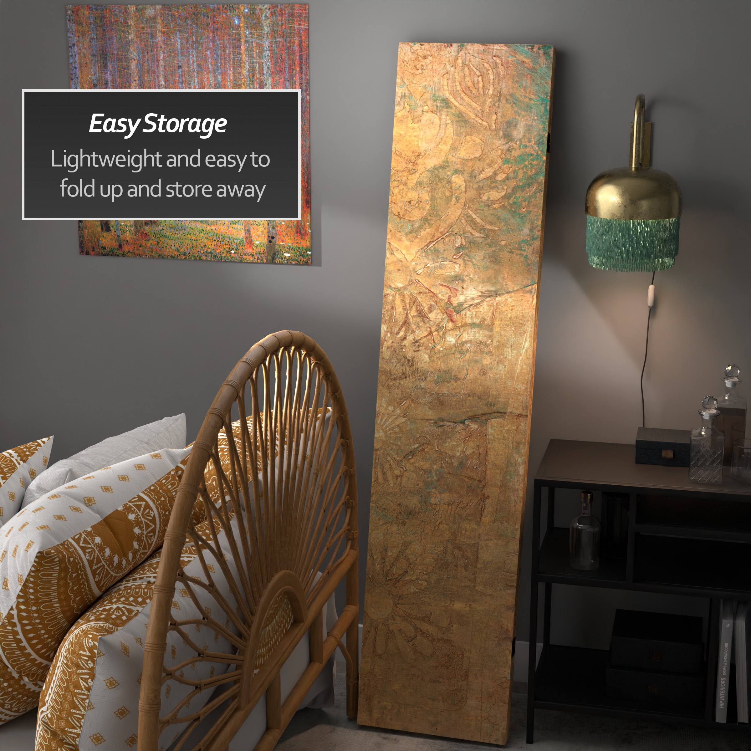 6 ft. Tall Double Sided Brass Blossoms Canvas Room Divider