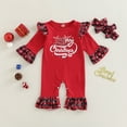 thumbnail image 2 of KOMOO Baby Christmas Jumpsuit Set Bowknot Headband Long Sleeve Plaid Ruffle Romper Outfits, 2 of 8