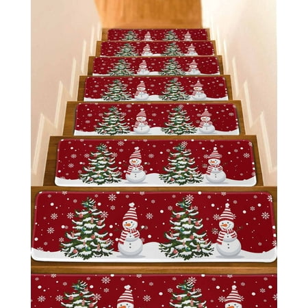 Red Christmas Stair Treads for Wooden Steps Indoor Runner Rug Carpet Xmas Snowman Pine Tree Winter Snowflakes 10 Pieces Peel and Stick Staircase Step Treads Covers Washable Throw Door Mats 30 x8