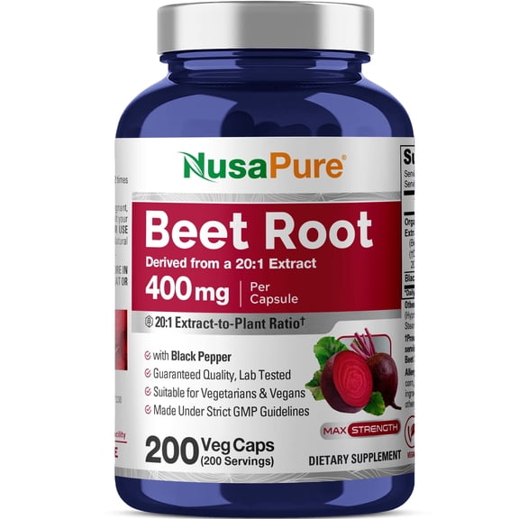 Organic Beet Root, Vegan, Non-GMO, 400mg, 200 Veg Capsules - 200 Servings | Herbal Formula, Beta Vulgaris Root 20:1 Extract, Suitable for Adults, Manufactured in a cGMP Registered Facility USA
