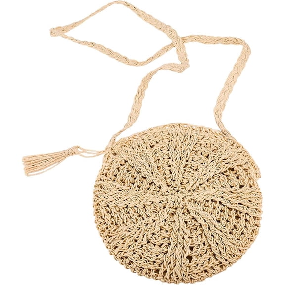 1Pc Round Straw Bag Bohemian Handbags Beach Straw Crossbody Bag with Tassel (PapayaWhip)