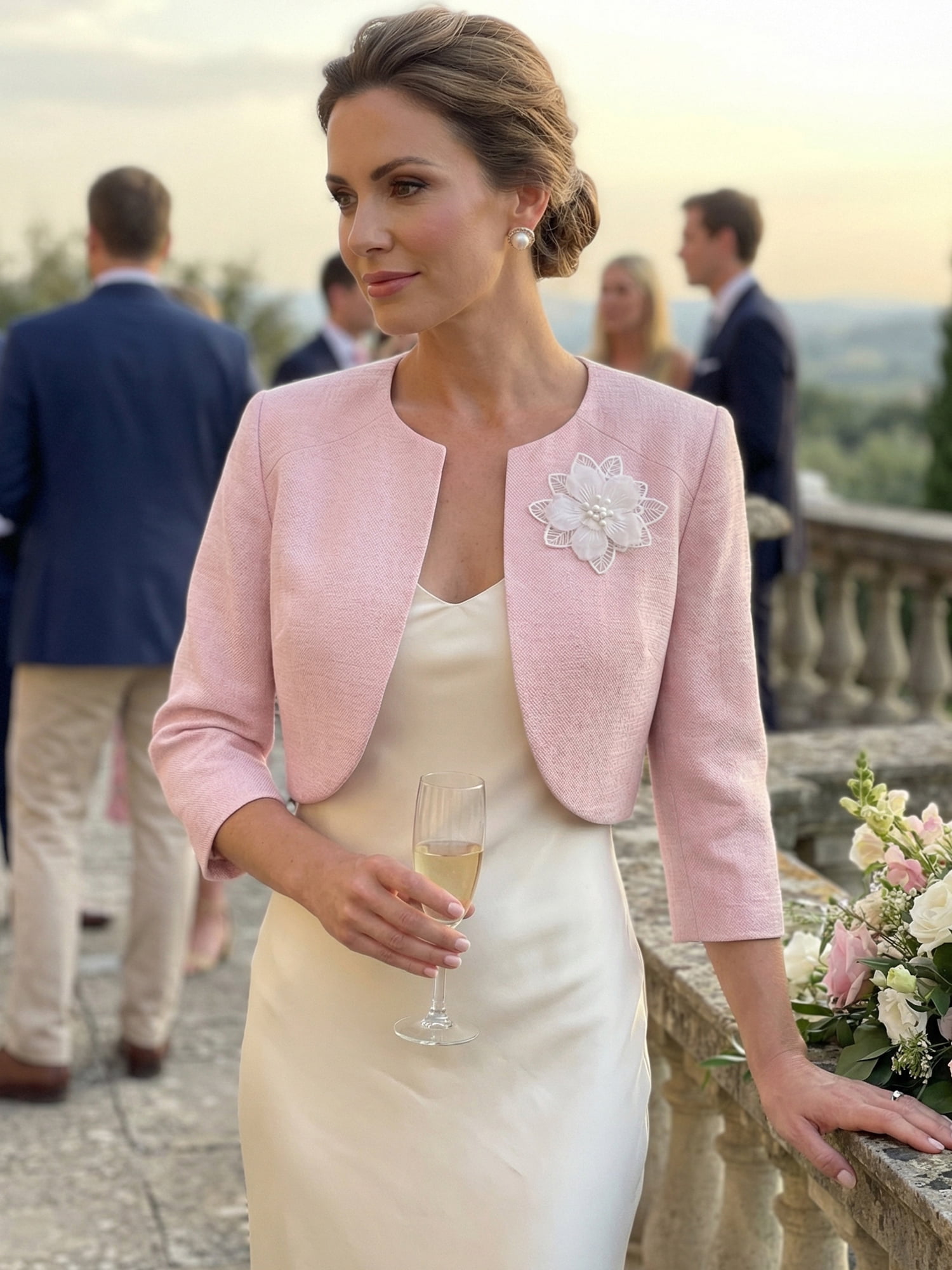 DARING DIVA Women's 3/4 Sleeves Flower Decor Open Front Formal Bolero L Pink