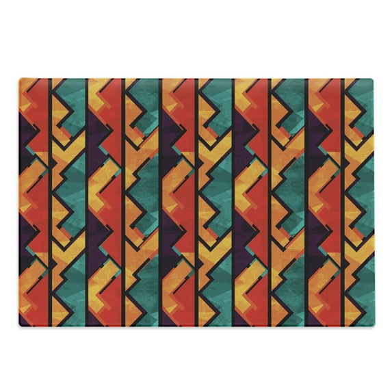 Grunge Cutting Board, Geometric Pattern Antique Design Elements Mosaic Style Art, Decorative Tempered Glass Cutting and Serving Board, Large Size, Teal Vermilion Plum, by Ambesonne